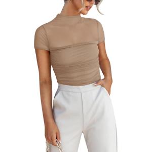 imageREORIA Womens Sexy Mock Turtle Neck Short Sleeve Shirts Sheer Mesh Ruched Trendy Going Out Bodysuits TopsKhaki