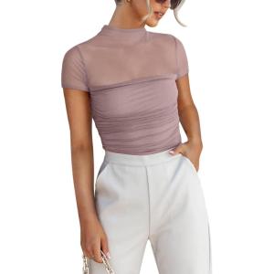 imageREORIA Womens Sexy Mock Turtle Neck Short Sleeve Shirts Sheer Mesh Ruched Trendy Going Out Bodysuits TopsPantone