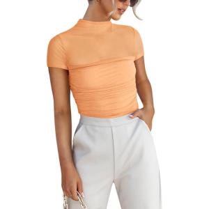 imageREORIA Womens Sexy Mock Turtle Neck Short Sleeve Shirts Sheer Mesh Ruched Trendy Going Out Bodysuits TopsPeach Fuzz