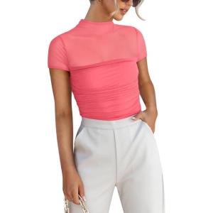 imageREORIA Womens Sexy Mock Turtle Neck Short Sleeve Shirts Sheer Mesh Ruched Trendy Going Out Bodysuits TopsPeach Pink