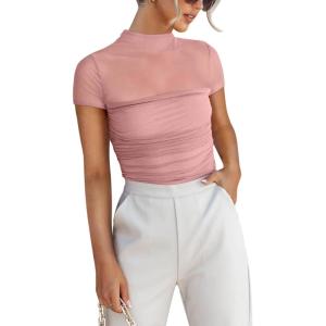 imageREORIA Womens Sexy Mock Turtle Neck Short Sleeve Shirts Sheer Mesh Ruched Trendy Going Out Bodysuits TopsPink