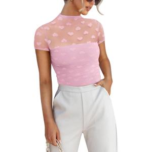 imageREORIA Womens Sexy Mock Turtle Neck Short Sleeve Shirts Sheer Mesh Ruched Trendy Going Out Bodysuits TopsPink Heart