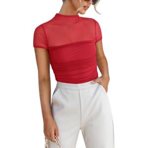 imageREORIA Womens Sexy Mock Turtle Neck Short Sleeve Shirts Sheer Mesh Ruched Trendy Going Out Bodysuits TopsRed