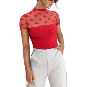 imageREORIA Womens Sexy Mock Turtle Neck Short Sleeve Shirts Sheer Mesh Ruched Trendy Going Out Bodysuits TopsRed Heart