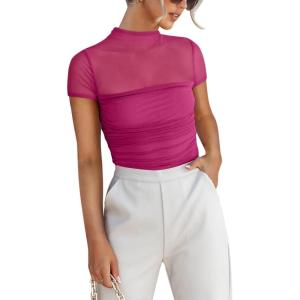 imageREORIA Womens Sexy Mock Turtle Neck Short Sleeve Shirts Sheer Mesh Ruched Trendy Going Out Bodysuits TopsRose Red