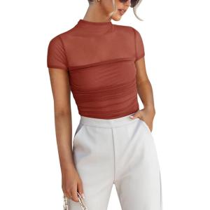 imageREORIA Womens Sexy Mock Turtle Neck Short Sleeve Shirts Sheer Mesh Ruched Trendy Going Out Bodysuits TopsRusty Red