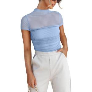 imageREORIA Womens Sexy Mock Turtle Neck Short Sleeve Shirts Sheer Mesh Ruched Trendy Going Out Bodysuits TopsSky Blue