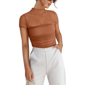 imageREORIA Womens Sexy Mock Turtle Neck Short Sleeve Shirts Sheer Mesh Ruched Trendy Going Out Bodysuits TopsTopaz