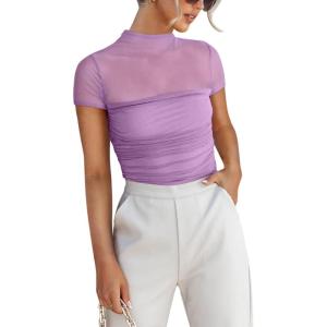 imageREORIA Womens Sexy Mock Turtle Neck Short Sleeve Shirts Sheer Mesh Ruched Trendy Going Out Bodysuits TopsViolet