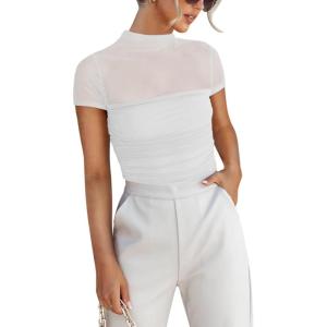 imageREORIA Womens Sexy Mock Turtle Neck Short Sleeve Shirts Sheer Mesh Ruched Trendy Going Out Bodysuits TopsWhite