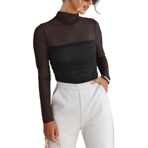 imageREORIA Womens Trendy Sexy Mock Turtle Neck Long Sleeve Sheer Mesh Ruched Going Out Bodysuits TopsBlack