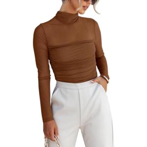 imageREORIA Womens Trendy Sexy Mock Turtle Neck Long Sleeve Sheer Mesh Ruched Going Out Bodysuits TopsBrown