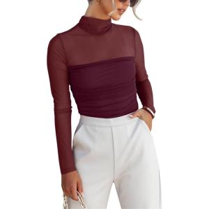 imageREORIA Womens Trendy Sexy Mock Turtle Neck Long Sleeve Sheer Mesh Ruched Going Out Bodysuits TopsBurgundy