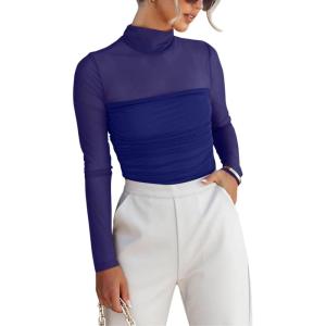 imageREORIA Womens Trendy Sexy Mock Turtle Neck Long Sleeve Sheer Mesh Ruched Going Out Bodysuits TopsDark Blue