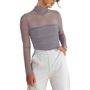 imageREORIA Womens Trendy Sexy Mock Turtle Neck Long Sleeve Sheer Mesh Ruched Going Out Bodysuits TopsDeep Grey