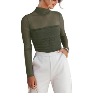 imageREORIA Womens Trendy Sexy Mock Turtle Neck Long Sleeve Sheer Mesh Ruched Going Out Bodysuits TopsGrey Green