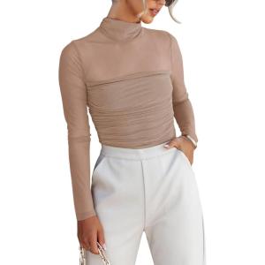imageREORIA Womens Trendy Sexy Mock Turtle Neck Long Sleeve Sheer Mesh Ruched Going Out Bodysuits TopsKhaki