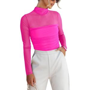 imageREORIA Womens Trendy Sexy Mock Turtle Neck Long Sleeve Sheer Mesh Ruched Going Out Bodysuits TopsNeon Rose Red