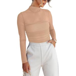 imageREORIA Womens Trendy Sexy Mock Turtle Neck Long Sleeve Sheer Mesh Ruched Going Out Bodysuits TopsNude