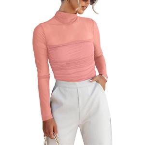 imageREORIA Womens Trendy Sexy Mock Turtle Neck Long Sleeve Sheer Mesh Ruched Going Out Bodysuits TopsPink
