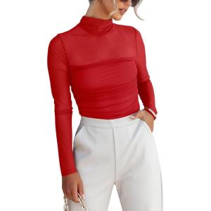 imageREORIA Womens Trendy Sexy Mock Turtle Neck Long Sleeve Sheer Mesh Ruched Going Out Bodysuits TopsRed