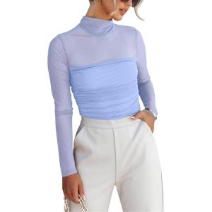 imageREORIA Womens Trendy Sexy Mock Turtle Neck Long Sleeve Sheer Mesh Ruched Going Out Bodysuits TopsSky Blue