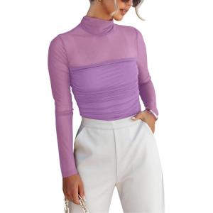 imageREORIA Womens Trendy Sexy Mock Turtle Neck Long Sleeve Sheer Mesh Ruched Going Out Bodysuits TopsViolet