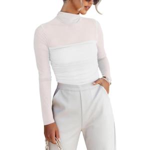 imageREORIA Womens Trendy Sexy Mock Turtle Neck Long Sleeve Sheer Mesh Ruched Going Out Bodysuits TopsWhite