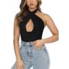 imageREORIA Butsmooth Womens Trendy Sexy Criss Cross Halter Neck Sleeveless Thong Bodysuits Tops ClubwearBlack
