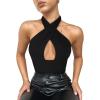 imageREORIA Butsmooth Womens Trendy Sexy Criss Cross Halter Neck Sleeveless Thong Bodysuits Tops ClubwearBlack