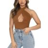imageREORIA Butsmooth Womens Trendy Sexy Criss Cross Halter Neck Sleeveless Thong Bodysuits Tops ClubwearBrown