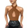 imageREORIA Butsmooth Womens Trendy Sexy Criss Cross Halter Neck Sleeveless Thong Bodysuits Tops ClubwearBrown
