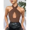 imageREORIA Butsmooth Womens Trendy Sexy Criss Cross Halter Neck Sleeveless Thong Bodysuits Tops ClubwearCoffee