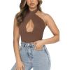 imageREORIA Butsmooth Womens Trendy Sexy Criss Cross Halter Neck Sleeveless Thong Bodysuits Tops ClubwearCoffee