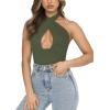 imageREORIA Butsmooth Womens Trendy Sexy Criss Cross Halter Neck Sleeveless Thong Bodysuits Tops ClubwearDark Green