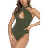 imageREORIA Butsmooth Womens Trendy Sexy Criss Cross Halter Neck Sleeveless Thong Bodysuits Tops ClubwearDark Green