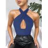 imageREORIA Butsmooth Womens Trendy Sexy Criss Cross Halter Neck Sleeveless Thong Bodysuits Tops ClubwearDeep Blue