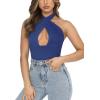 imageREORIA Butsmooth Womens Trendy Sexy Criss Cross Halter Neck Sleeveless Thong Bodysuits Tops ClubwearDeep Blue