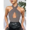imageREORIA Butsmooth Womens Trendy Sexy Criss Cross Halter Neck Sleeveless Thong Bodysuits Tops ClubwearDeep Grey
