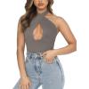 imageREORIA Butsmooth Womens Trendy Sexy Criss Cross Halter Neck Sleeveless Thong Bodysuits Tops ClubwearDeep Grey
