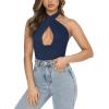 imageREORIA Butsmooth Womens Trendy Sexy Criss Cross Halter Neck Sleeveless Thong Bodysuits Tops ClubwearEstate Blue