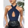 imageREORIA Butsmooth Womens Trendy Sexy Criss Cross Halter Neck Sleeveless Thong Bodysuits Tops ClubwearEstate Blue