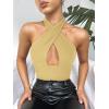 imageREORIA Butsmooth Womens Trendy Sexy Criss Cross Halter Neck Sleeveless Thong Bodysuits Tops ClubwearHoneybee