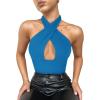 imageREORIA Butsmooth Womens Trendy Sexy Criss Cross Halter Neck Sleeveless Thong Bodysuits Tops ClubwearLake Blue