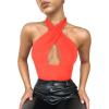 imageREORIA Butsmooth Womens Trendy Sexy Criss Cross Halter Neck Sleeveless Thong Bodysuits Tops ClubwearNeon Pink