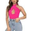imageREORIA Butsmooth Womens Trendy Sexy Criss Cross Halter Neck Sleeveless Thong Bodysuits Tops ClubwearNeon Rose Red