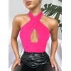 imageREORIA Butsmooth Womens Trendy Sexy Criss Cross Halter Neck Sleeveless Thong Bodysuits Tops ClubwearNeon Rose Red