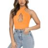 imageREORIA Butsmooth Womens Trendy Sexy Criss Cross Halter Neck Sleeveless Thong Bodysuits Tops ClubwearOrange
