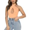 imageREORIA Butsmooth Womens Trendy Sexy Criss Cross Halter Neck Sleeveless Thong Bodysuits Tops ClubwearPeach Fuzz