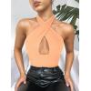imageREORIA Butsmooth Womens Trendy Sexy Criss Cross Halter Neck Sleeveless Thong Bodysuits Tops ClubwearPeach Fuzz